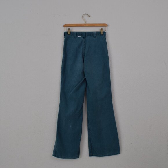 Vintage 70s Worrrn Ripped Green Flat Front Flared Pants by Love & Stitch size 28 - Picture 3 of 12